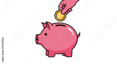 Pink Piggy Bank Receiving a Gold Coin for Savings.