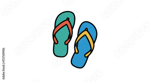 A colorful hand-drawn illustration of a pair of mismatched summer flip-flops.
