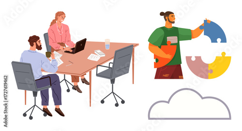 Business team discussing strategy around the table, individual assembling colorful puzzle pieces, and cloud outline. Ideal for teamwork, project management, cloud technology, collaboration