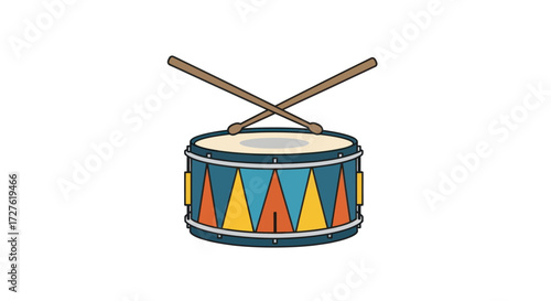 Colorful Toy Drum with Crossed Drumsticks Musical Instrument Illustration.