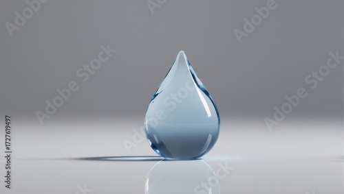 A single, translucent water droplet on a light gray surface