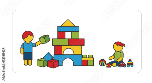 Children building with colorful toy blocks creating a castle structure.