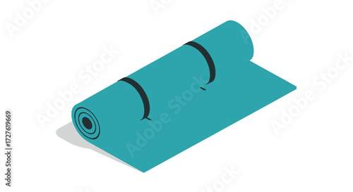 A rolled teal yoga and exercise mat with black straps depicted in a flat isometric style.