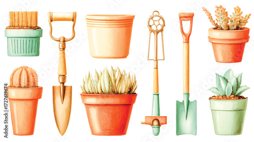 Watercolor garden tools and plants in pots collection vector illustration set on white background