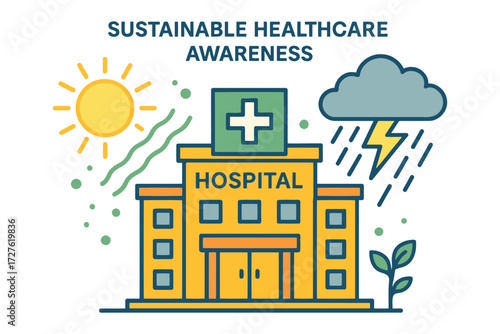 Sustainable healthcare awareness concept with hospital building and weather elements