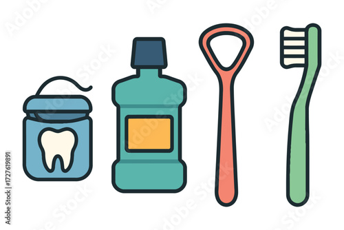 Oral hygiene tools including dental floss mouthwash tongue scraper and toothbrush