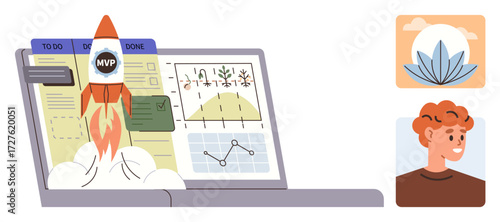 Rocket launching from a laptop screen with data charts and task board. Young man, serene nature element. Ideal for startup, brainstorming, motivation, productivity, growth, success workflow simple