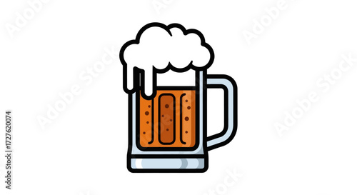 A frothy amber-colored beer mug filled to the brim with foamy head.
