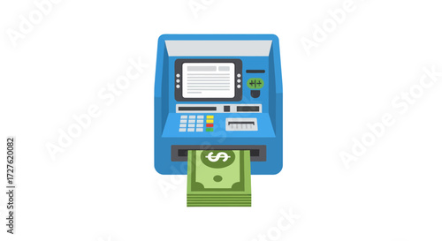 Cartoon Illustration of a Blue ATM Dispensing Cash.