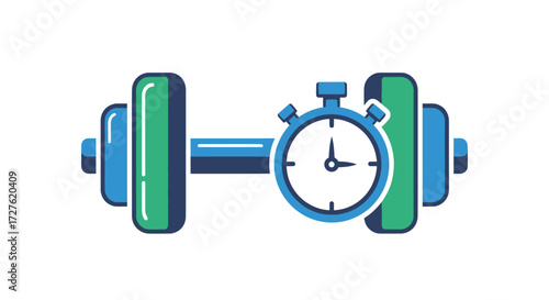 Timed workout concept with a green and blue dumbbell and a stopwatch icon.