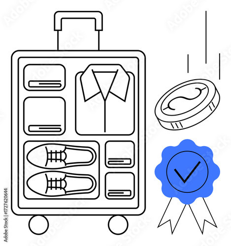 Suitcase neatly packed with clothes and shoes alongside coin and certified check mark ribbon. Ideal for travel, organization, minimalism, preparation, quality assurance, business travel, simple flat