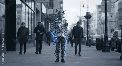 A person appears digitally fragmented on a busy street, surrounded by pedestrians, merging technology with urban life in a surreal scene.