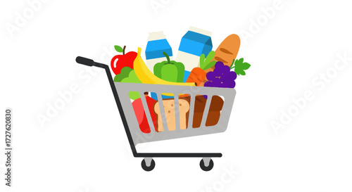 Cartoon Shopping Cart Loaded with Fresh Fruits Vegetables and Groceries.