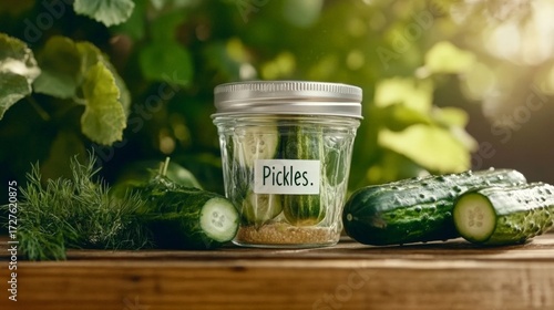 A jar of pickles sits on a wooden table next to a bunch of cucumbers