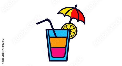Colorful Tropical Cocktail with Umbrella and Lemon Slice.