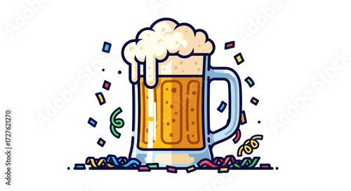 Vibrant Cartoon Beer Mug with Frothy Head and Colorful Confetti.