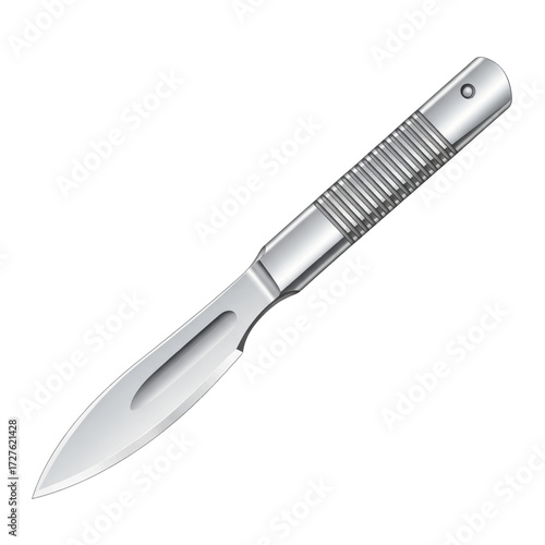 Surgical scalpel with a metal handle and a sharp blade.