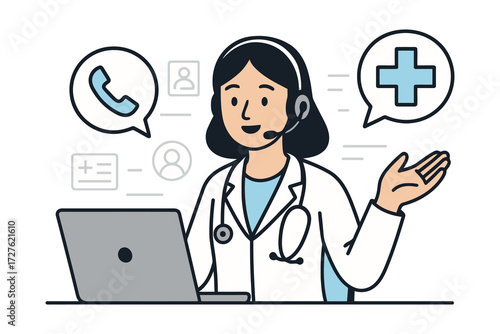 Doctor wearing headset and stethoscope providing remote medical consultation online