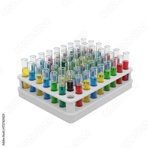 Test tubes filled with colorful liquids in a white rack.