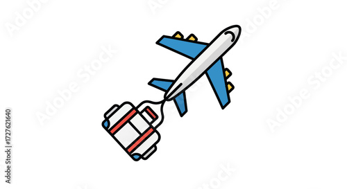 Airplane towing a suitcase symbolizing travel and vacation.