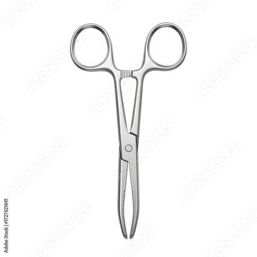 A sterile surgical instrument, likely a hemostat or forceps, made of polished stainless steel, with finger loops and a locking mechanism.