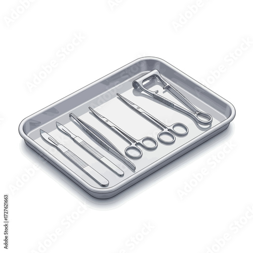 A sterile metal tray holding a collection of surgical instruments, including scalpels, forceps, and scissors, ready for a medical procedure.