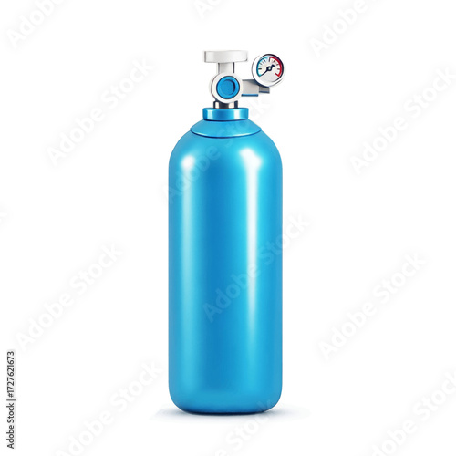 Blue oxygen tank with pressure gauge on white background.