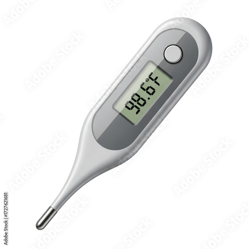 A modern digital medical thermometer displaying a normal body temperature of 98.6°F on a white background.