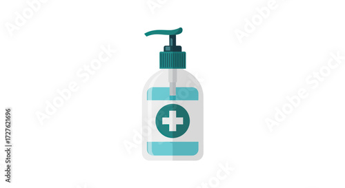 A flat design illustration of a hand sanitizer pump bottle with a green medical cross symbol.