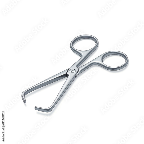 A sterile surgical instrument, resembling scissors with curved tips, designed for precise medical procedures.