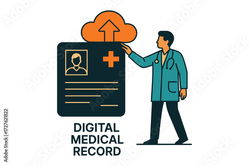 Doctor uploads digital medical record to cloud for secure healthcare data management