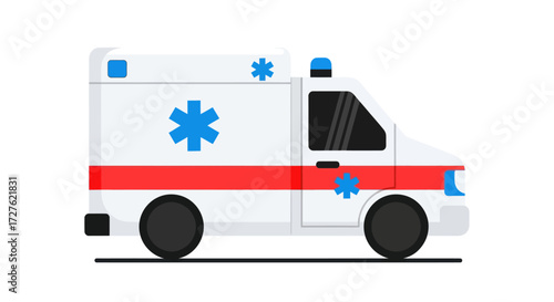 White Ambulance Vehicle with Red Stripe and Blue Star of Life.
