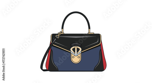 Stylish Multi-Color Leather Handbag with Gold Clasp and Top Handle.