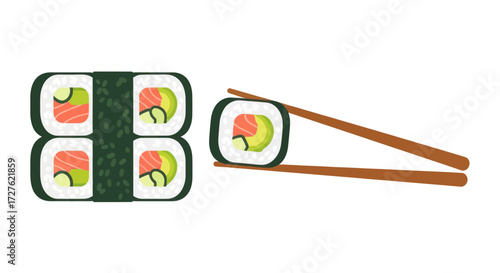 Delicious Salmon and Avocado Sushi Rolls with Chopsticks.