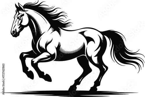 "Galloping Horse Illustration – Dynamic Black and White Horse in Full Stride"