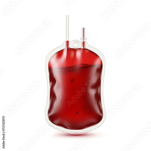 A realistic illustration of a plastic blood bag filled with red blood for donation or transfusion, isolated on a white background.