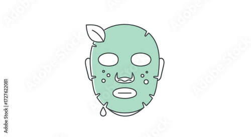 Green Sheet Face Mask Illustration with Leaf and Drop for Skincare.
