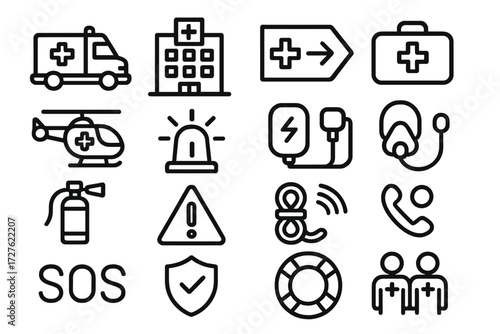Emergency Icons Collection. Emergency context icons in outline style: ambulance, hospital building, emergency room sign, paramedic bag, rescue