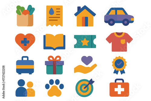 Budget Icons Set. Budget categories set of icons in abstract flat : grocery bag, utility bill, rent house, transport car, health heart, education