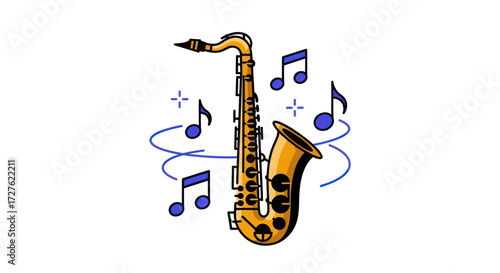 Vibrant Cartoon Illustration of a Gold Saxophone.