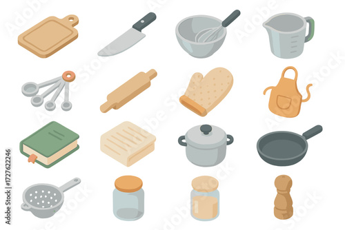 Isometric Kitchen Tools. Cooking setup set icons in modern isometric flat : cutting board, knife, mixing bowl, whisk, measuring cup, measuring spoon,