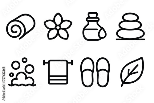 Spa Icons Collection. Spa and relaxation towels icons in outline style: rolled towel, flower, essential oil, stones stack, bath bubbles, towel on