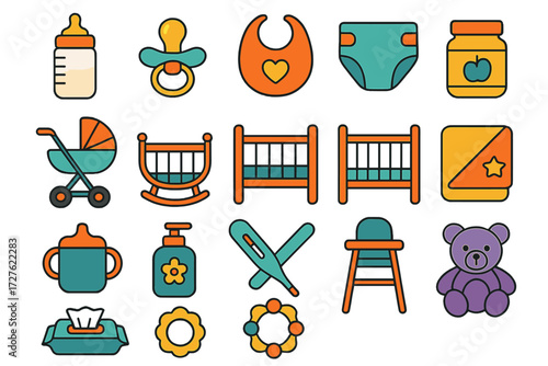 Modern Baby Essentials. Daily care in modern flat vector : baby bottle, pacifier, bib, diaper, stroller, cradle, crib, baby food jar, sippy cup, baby