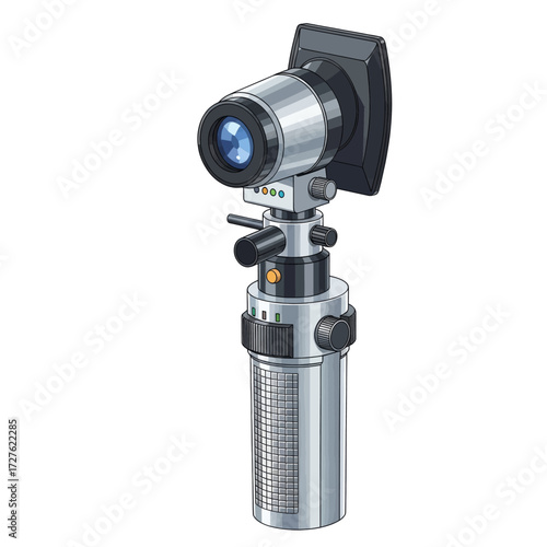 A detailed illustration of a modern ophthalmoscope, a medical instrument used for examining the interior of the eye.