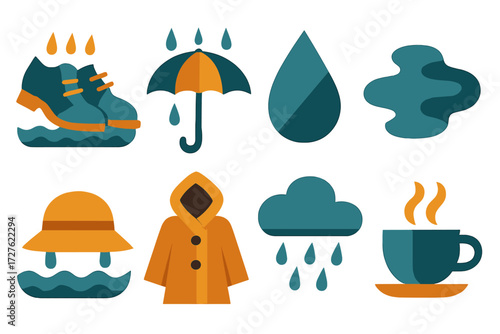 Rainy Day Icons. Rainy day set of icons in abstract flat : soaked shoes, umbrella, raindrop, puddle, wet hat, raincoat, cloud, tea cup.