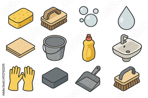 Cleaning Icon Set. Basic sponge scrub set icons in modern isometric flat : yellow sponge, scrubbing brush, soap bubbles, water droplet, cleaning cloth