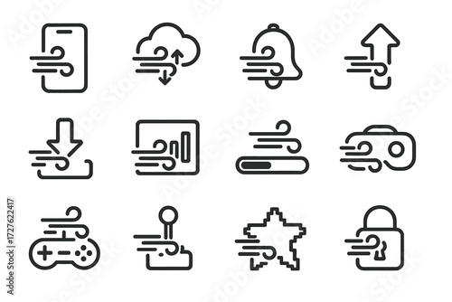 Digital Gust Icon Set. Digital wind gust icons in outline style: smartphone with wind icon, cloud sync, notification bell, upload arrow, download