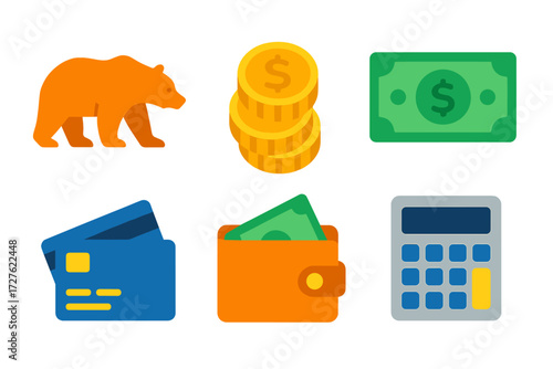 Vibrant Finance Icons. Finance icons in modern flat vector : bear market, coin stack, dollar bill, wallet, credit card, calculator