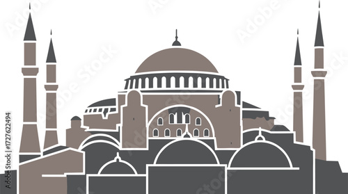 Hagia Sophia Istanbul Silhouette Vector Representing Historic Architecture, Cultural Heritage, Religious Landmark, Byzantine Design, Ottoman Legacy, and Iconic Turkish Monument