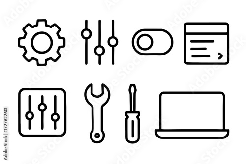 Technical Icons in Outline. Objects icons in outline style: gear, slider, toggle switch, dropdown list, control panel, wrench, screwdriver, laptop